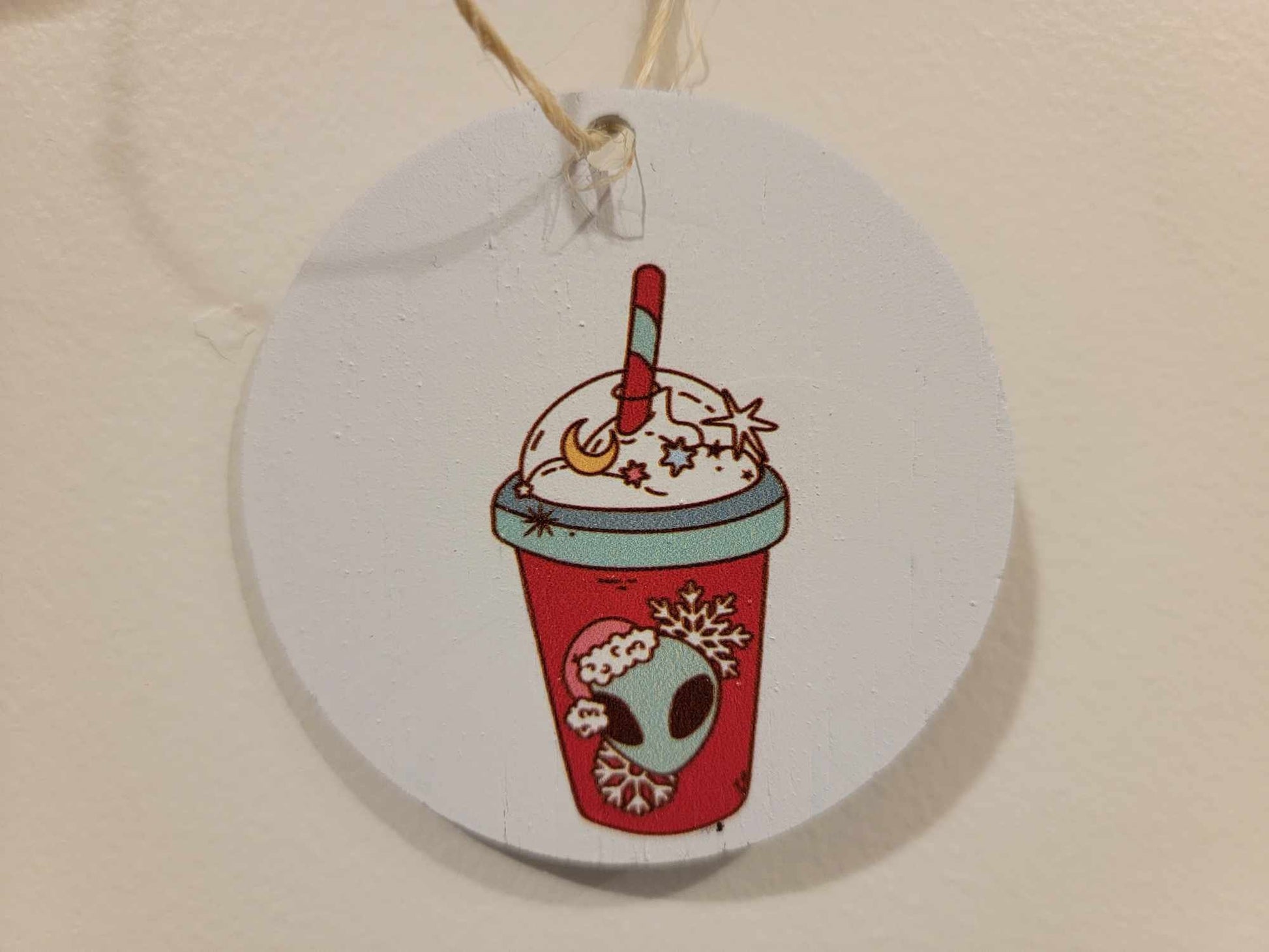 Extraterrestrial Alien Coffee Drink Cryptic Ornament Collector Mythical Printed Keychain Giftable Gift for Him Gift for her Wooden