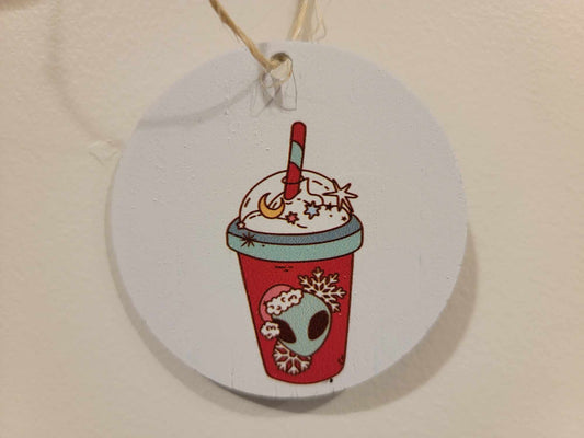 Extraterrestrial Alien Coffee Drink Cryptic Ornament Collector Mythical Printed Keychain Giftable Gift for Him Gift for her Wooden