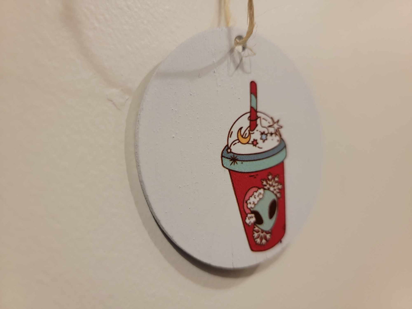 Extraterrestrial Alien Coffee Drink Cryptic Ornament Collector Mythical Printed Keychain Giftable Gift for Him Gift for her Wooden