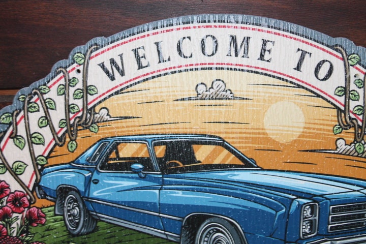 Sustainable Textured Garden Vintage Car Oval Contour Custom Made Sign Your Logo PVC All Weather Outdoor Fade Resistant UV Printed Color