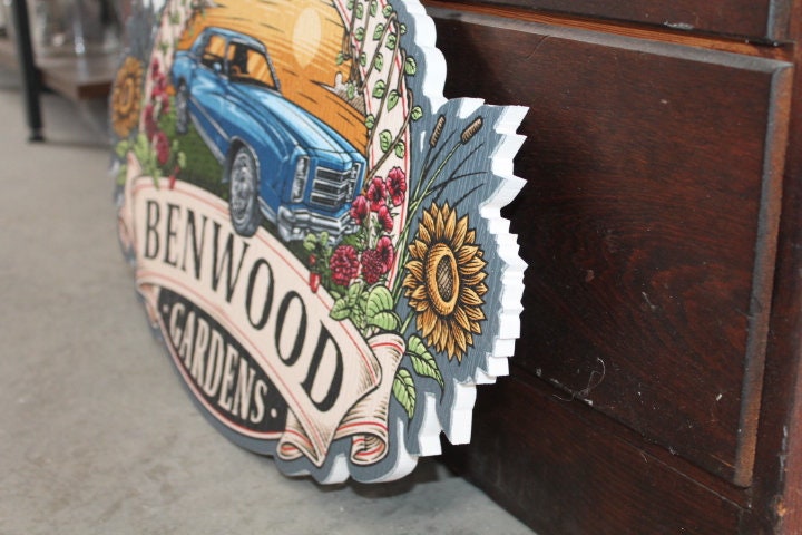 Sustainable Textured Garden Vintage Car Oval Contour Custom Made Sign Your Logo PVC All Weather Outdoor Fade Resistant UV Printed Color