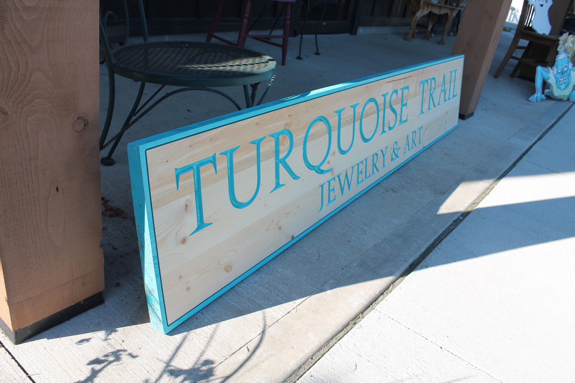 Jewely and Art Turquoise Seafoam Trail Business Commerical Sign Personalized Custom Wooden Etched Sign Engraved Routed Color Filled