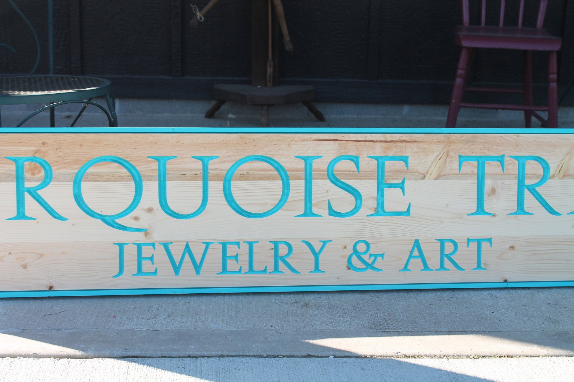 Jewely and Art Turquoise Seafoam Trail Business Commerical Sign Personalized Custom Wooden Etched Sign Engraved Routed Color Filled