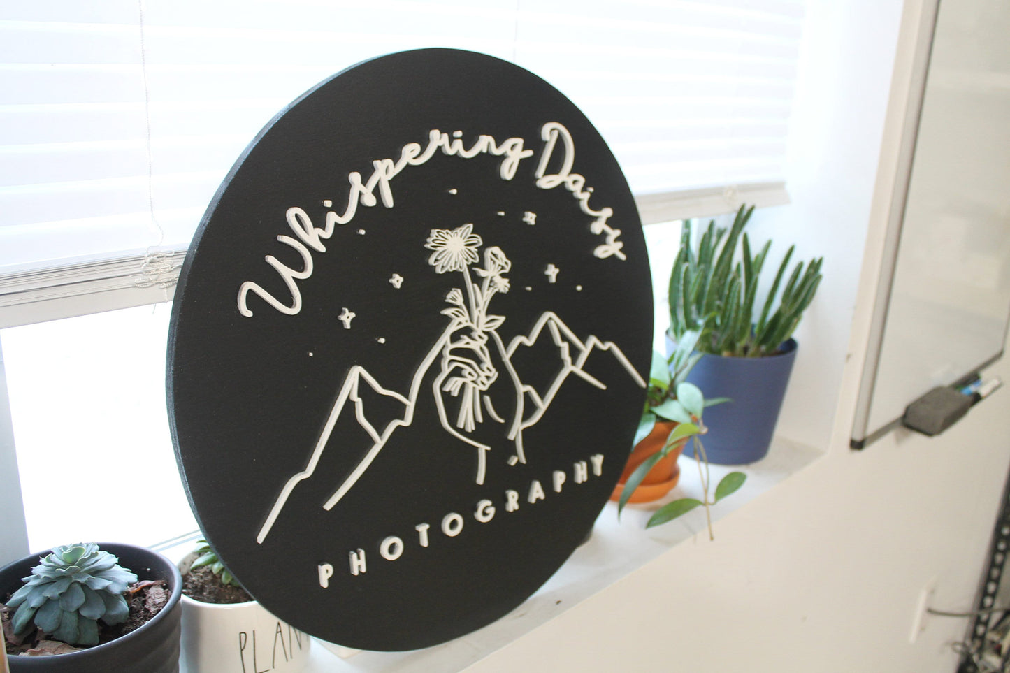Photographer Sign, Daisy, Floral, Mountain, Photography, Custom, Business Sign, Small Business, 3D, Raised Text, Round, Outline, Line Art