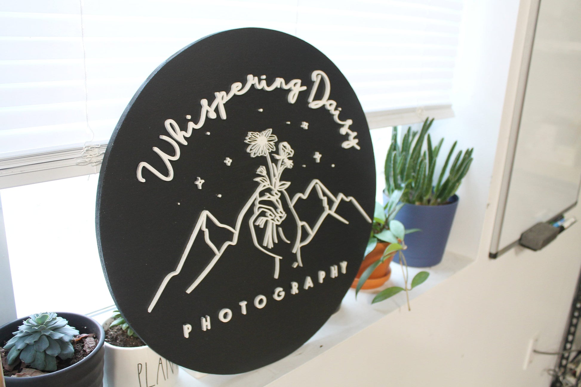 Photographer Sign, Daisy, Floral, Mountain, Photography, Custom, Business Sign, Small Business, 3D, Raised Text, Round, Outline, Line Art