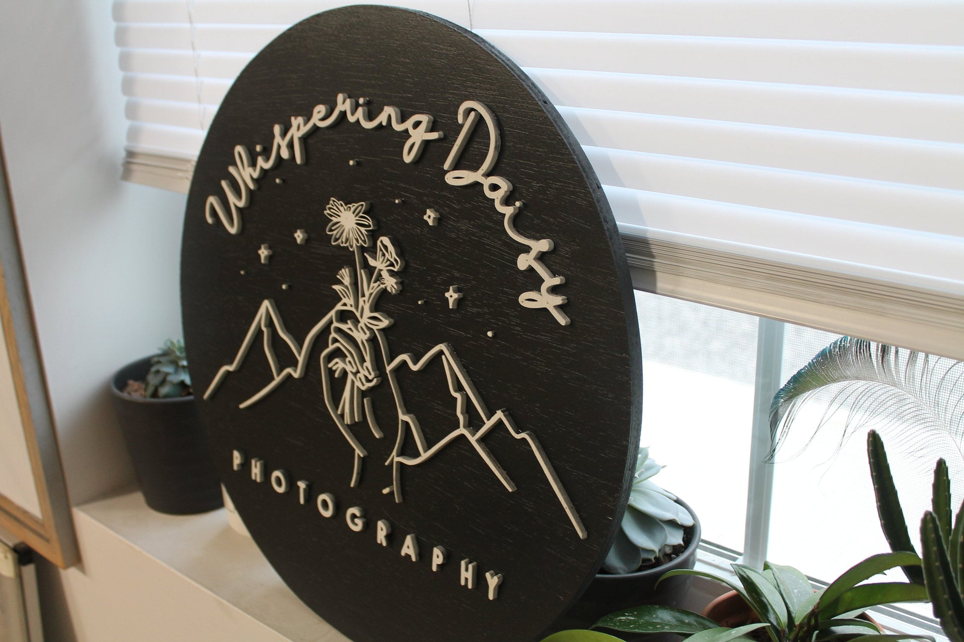 Photographer Sign, Daisy, Floral, Mountain, Photography, Custom, Business Sign, Small Business, 3D, Raised Text, Round, Outline, Line Art