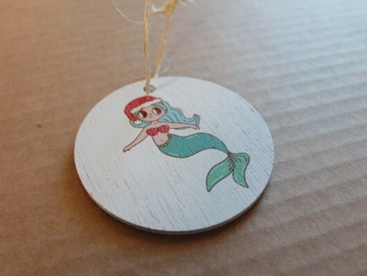 Cute Mermaid Santa hat Cryptic Ornament Collector Mythical Printed Keychain Giftable Gift for Him Gift for her Wooden