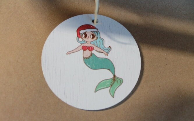 Cute Mermaid Santa hat Cryptic Ornament Collector Mythical Printed Keychain Giftable Gift for Him Gift for her Wooden