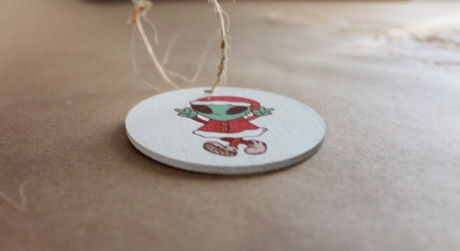 Extraterrestrial Alien Peace Santa Suit Cryptic Ornament Collector Mythical Printed Keychain Giftable Gift for Him Gift for her Wooden