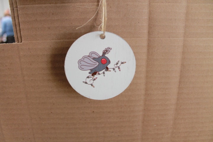 Moth man Christmas lights festive Cryptic Ornament Collector Mythical Printed Keychain Giftable Gift for Him Gift for her Wooden