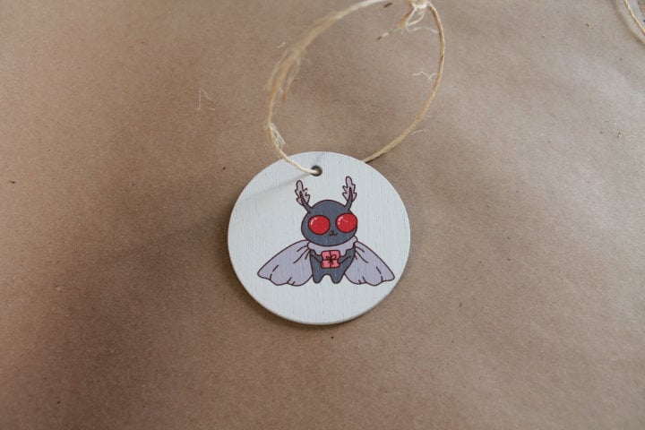 Moth man Present Gift festive Cryptic Ornament Collector Mythical Printed Keychain Giftable Gift for Him Gift for her Wooden