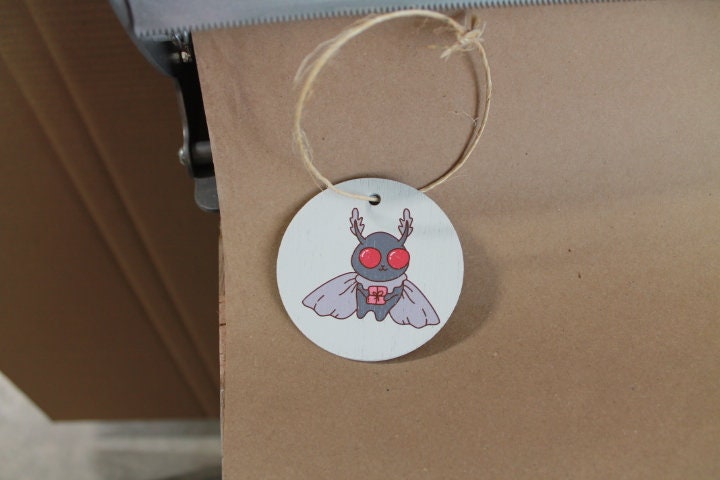 Moth man Present Gift festive Cryptic Ornament Collector Mythical Printed Keychain Giftable Gift for Him Gift for her Wooden