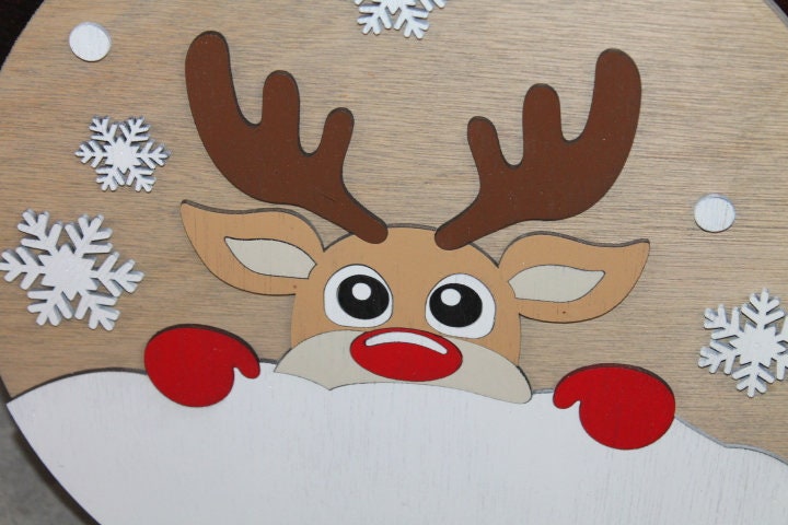 Peeking Deer Winter Snow Chilly Cold Christmas Rudolph Reindeer Handmade Home Decor Sign Door hanger Wall art Cute Red Cartoon
