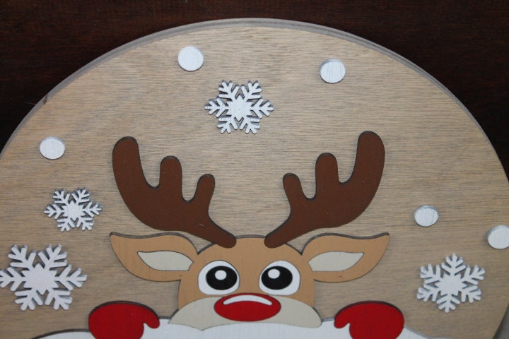Peeking Deer Winter Snow Chilly Cold Christmas Rudolph Reindeer Handmade Home Decor Sign Door hanger Wall art Cute Red Cartoon