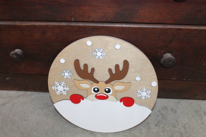 Peeking Deer Winter Snow Chilly Cold Christmas Rudolph Reindeer Handmade Home Decor Sign Door hanger Wall art Cute Red Cartoon