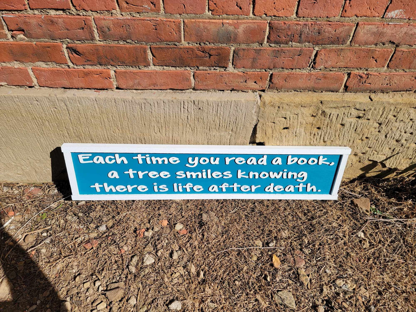 Books Reader Tree Wooden Handmade Home Decor Sign Raised Text Life After Death Time Blue and White Book Lover Quote Wall Art
