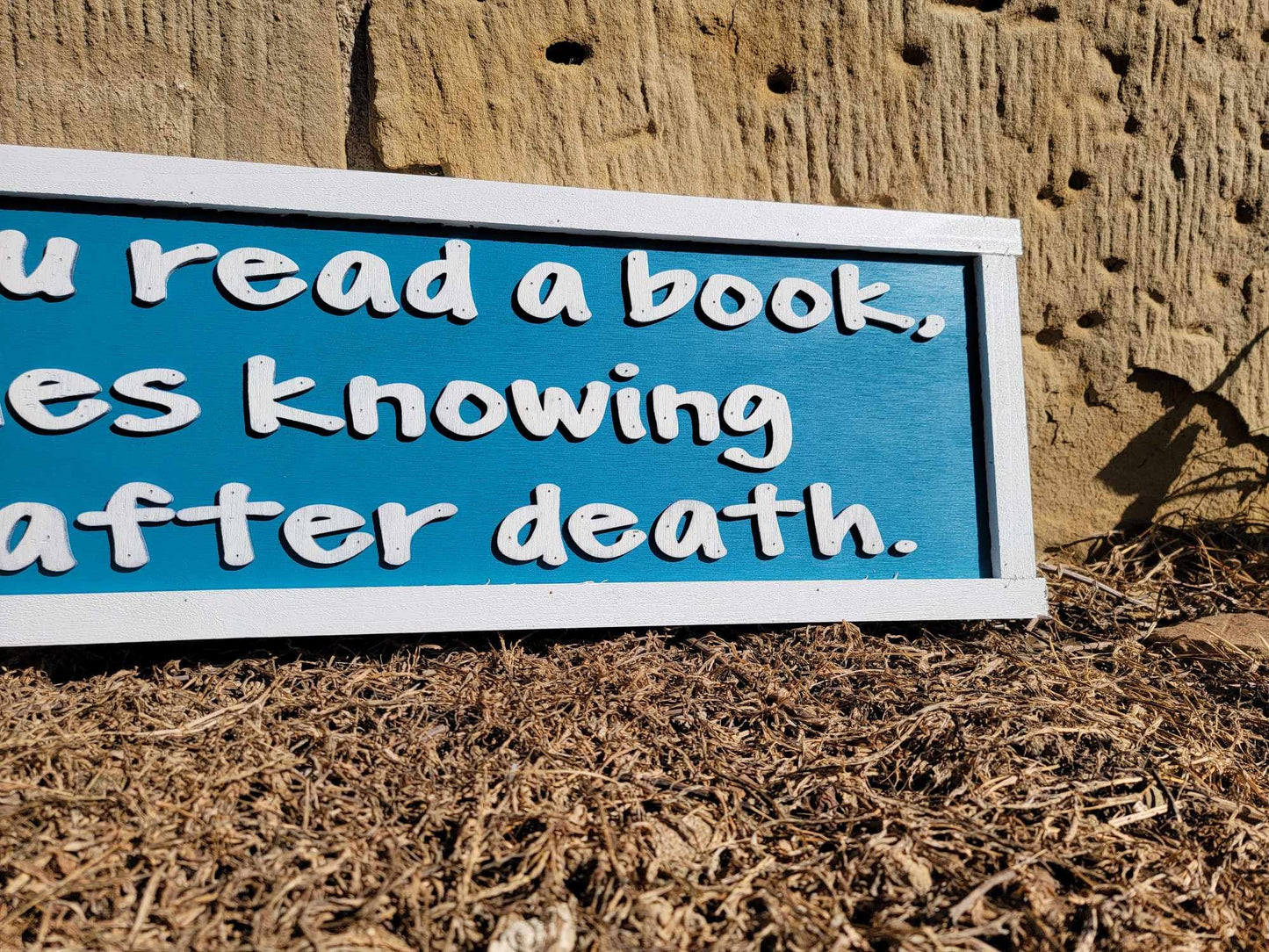 Books Reader Tree Wooden Handmade Home Decor Sign Raised Text Life After Death Time Blue and White Book Lover Quote Wall Art