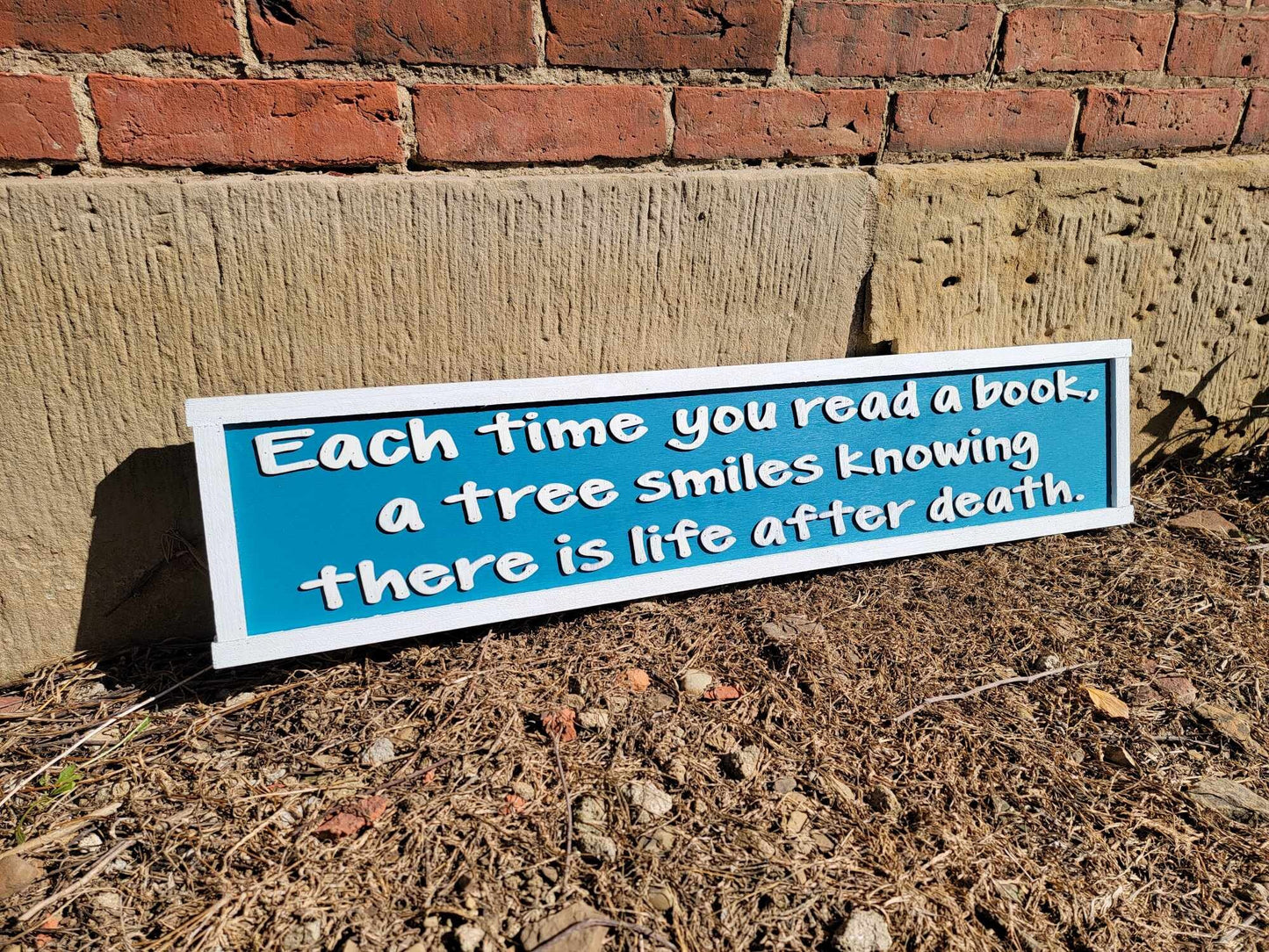 Books Reader Tree Wooden Handmade Home Decor Sign Raised Text Life After Death Time Blue and White Book Lover Quote Wall Art