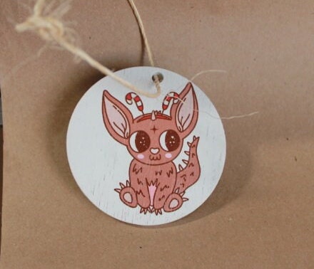 Little Monster Cute Candy Cane Cartoon Festive Cryptic Ornament Mythical Printed Keychain Giftable Gift for Him Gift for her Wooden