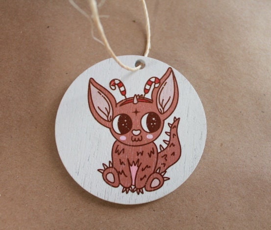 Little Monster Cute Candy Cane Cartoon Festive Cryptic Ornament Mythical Printed Keychain Giftable Gift for Him Gift for her Wooden