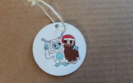 Yeti and Bigfoot Pals Besties Friends Cartoon Festive Cryptic Ornament Mythical Printed Keychain Giftable Gift for Him Gift for her Wooden