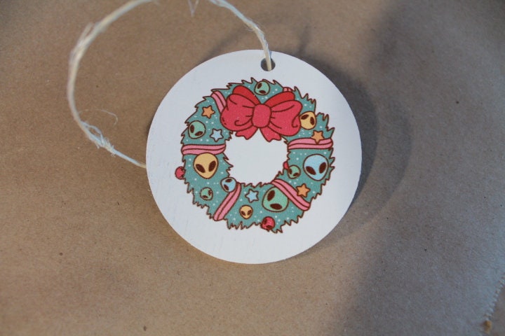 Extraterrestrial Alien Wreath Santa Christmas Cryptic Ornament Collector Mythical Printed Keychain Giftable Gift for Him Gift for her Wooden