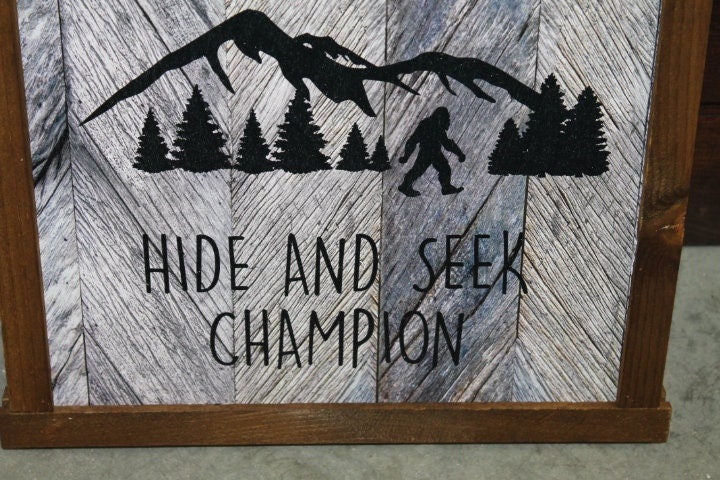 Bigfoot Wood Sign Hide and Seek Champion Sasquatch Undefeated Big Foot Rustic Wooden Sign Wall Decor Art Plaque Wood Print Farmhouse