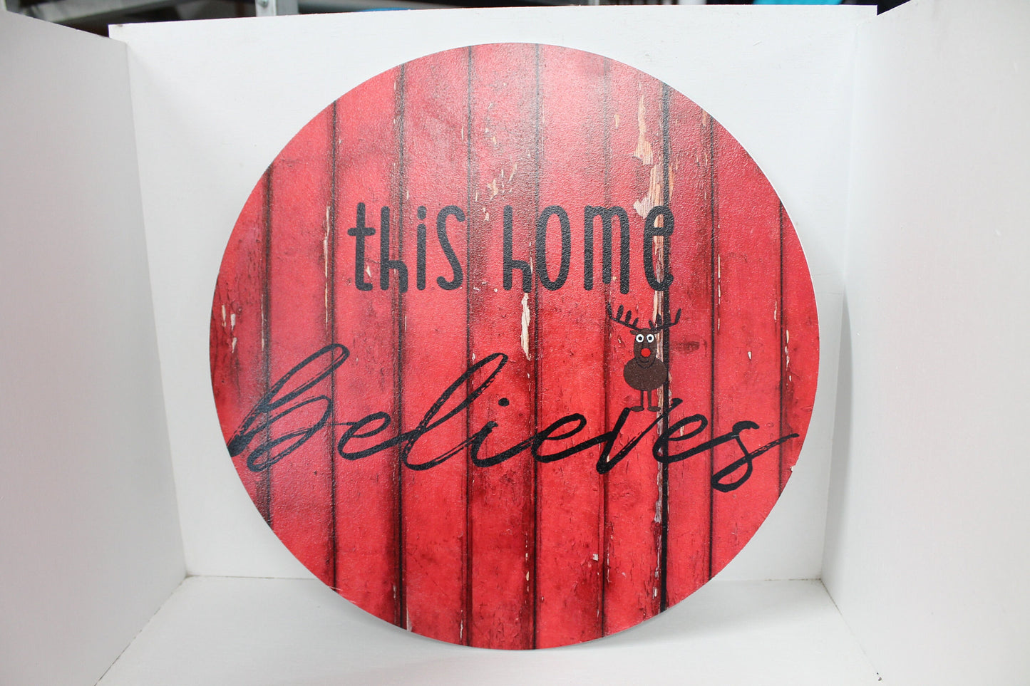 This House Believes Wreath Sign Red Barn Reindeer Wood Door Hanger Round Front Door Entry Way Decor Plaque Wall Art Wood Print