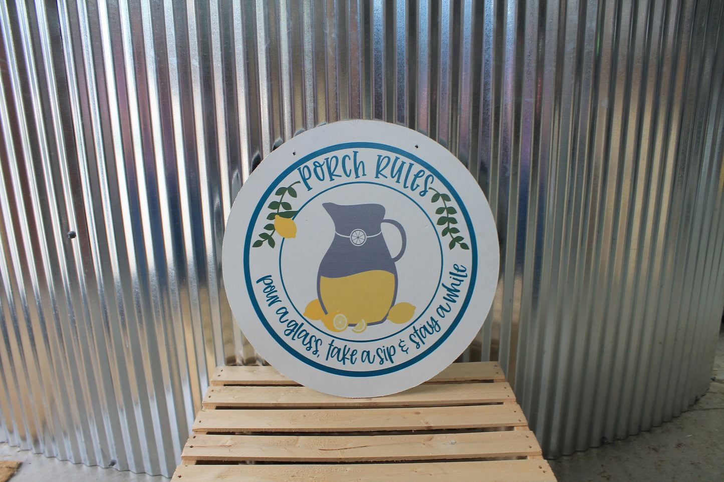 Porch Rules Lemonade Pitcher Pour a glass take a sip Stay awhile Wood Door Hanger Round Front Door Entryway Decor Plaque Wall Art Wood Print