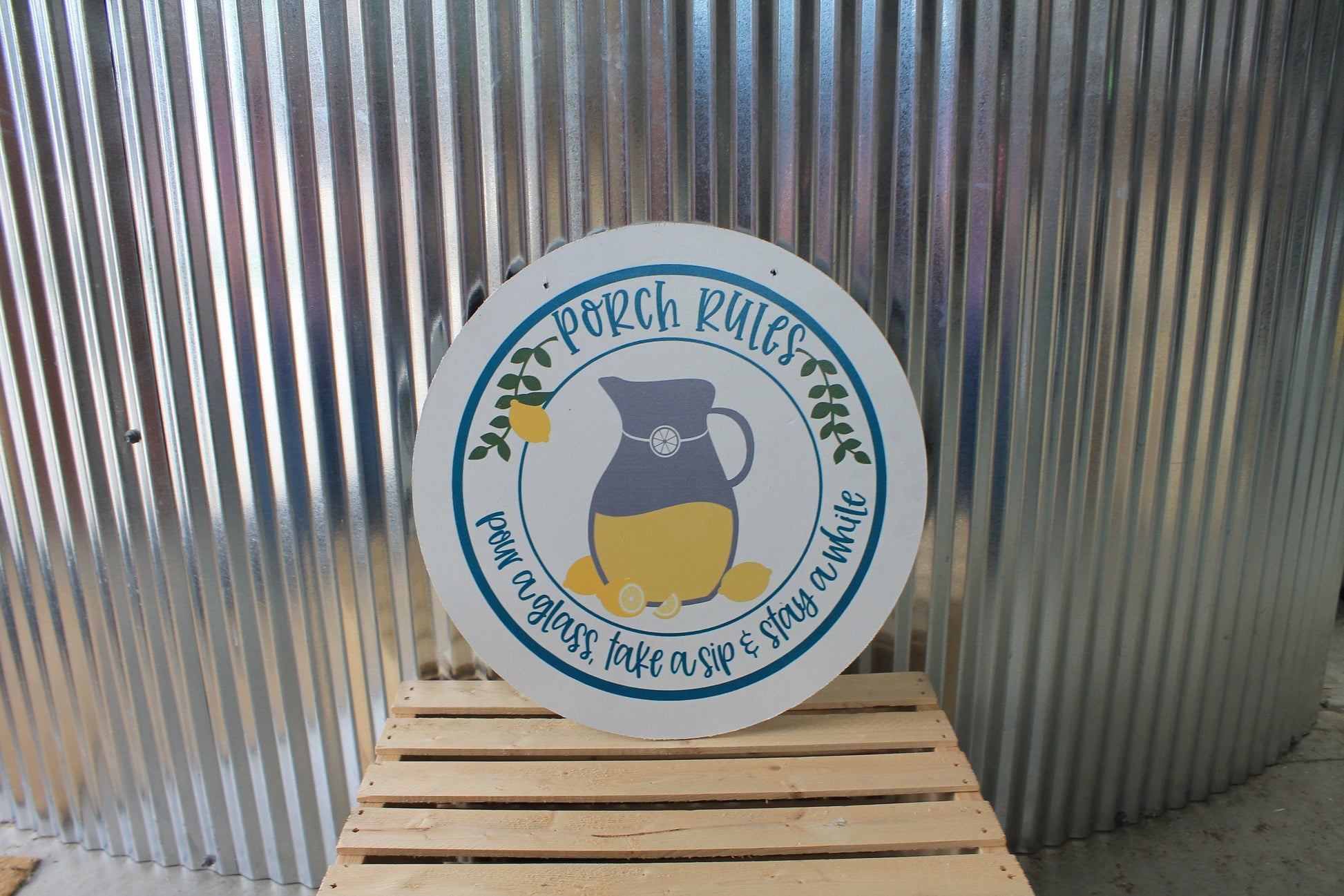 Porch Rules Lemonade Pitcher Pour a glass take a sip Stay awhile Wood Door Hanger Round Front Door Entryway Decor Plaque Wall Art Wood Print