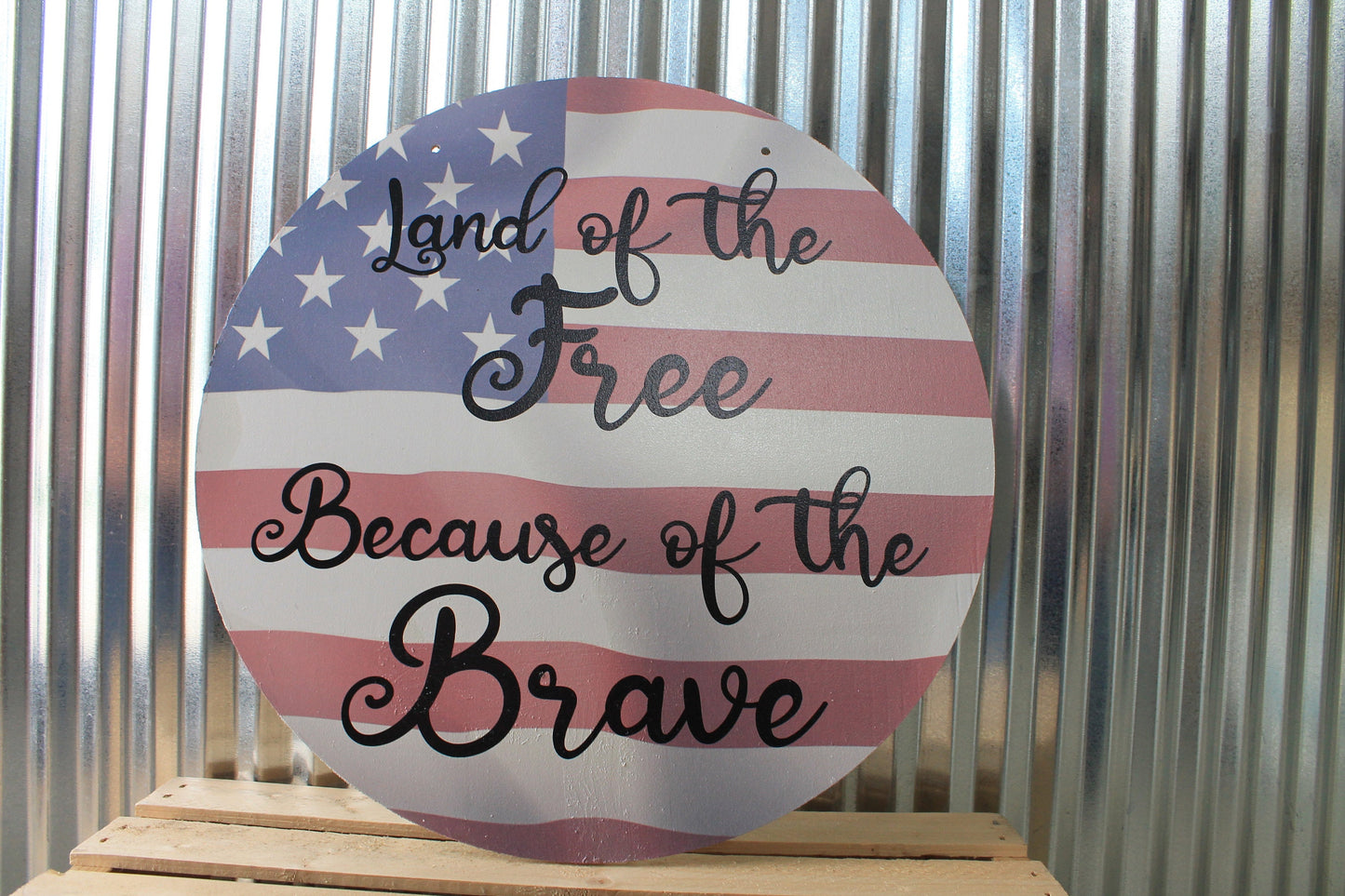 Home of the Free Because of the Brave American Flag Wall Hanger Wreath Sign Door Hanger Round Front Door Entry Way Decor Plaque Wood Print