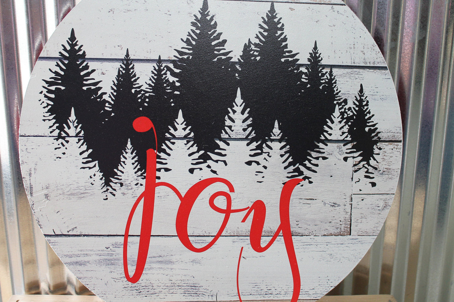 Joy Winter Pine Trees Rustic Christmas Wall Hanger Wreath Sign Door Hanger Round Front Door Entry Way Decor Plaque Wood Print