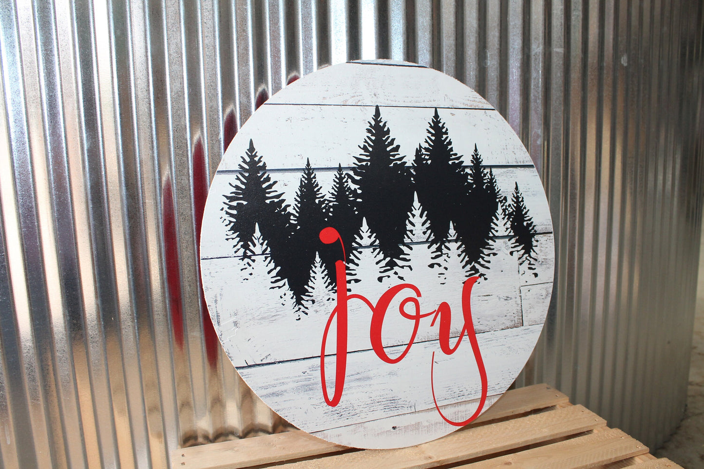 Joy Winter Pine Trees Rustic Christmas Wall Hanger Wreath Sign Door Hanger Round Front Door Entry Way Decor Plaque Wood Print
