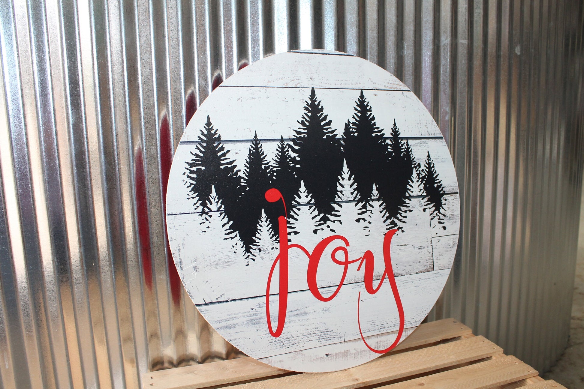 Joy Winter Pine Trees Rustic Christmas Wall Hanger Wreath Sign Door Hanger Round Front Door Entry Way Decor Plaque Wood Print