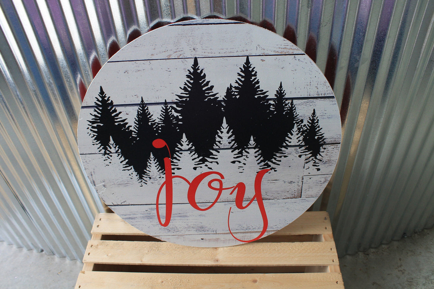 Joy Winter Pine Trees Rustic Christmas Wall Hanger Wreath Sign Door Hanger Round Front Door Entry Way Decor Plaque Wood Print