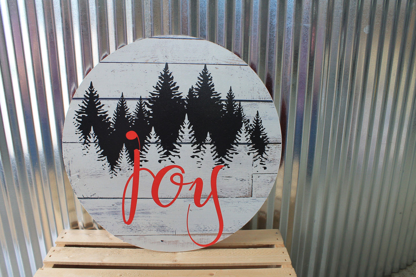 Joy Winter Pine Trees Rustic Christmas Wall Hanger Wreath Sign Door Hanger Round Front Door Entry Way Decor Plaque Wood Print