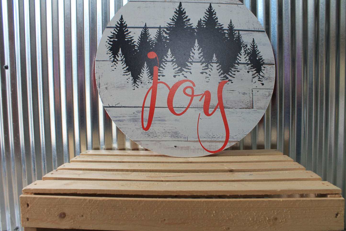 Joy Winter Pine Trees Rustic Christmas Wall Hanger Wreath Sign Door Hanger Round Front Door Entry Way Decor Plaque Wood Print