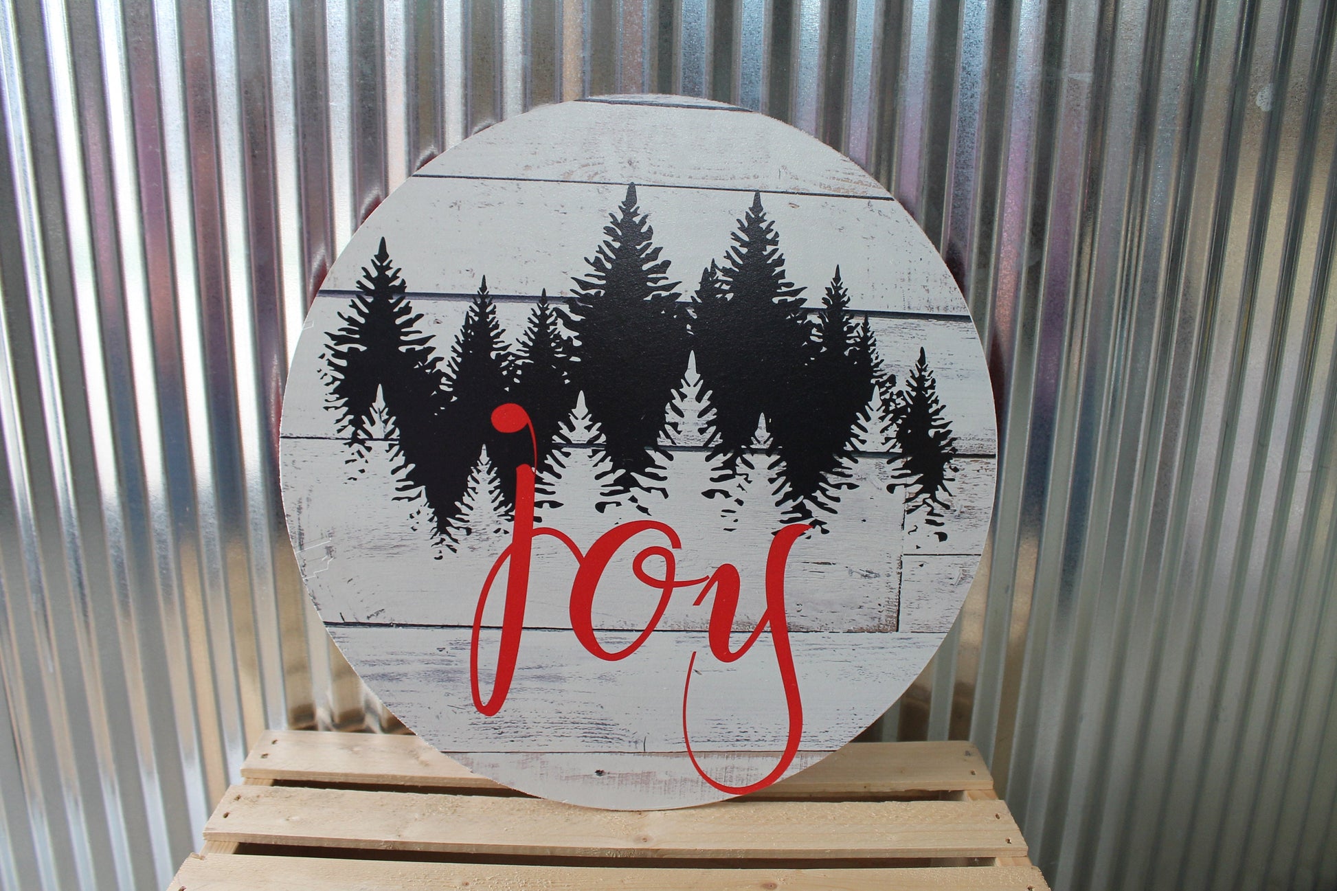 Joy Winter Pine Trees Rustic Christmas Wall Hanger Wreath Sign Door Hanger Round Front Door Entry Way Decor Plaque Wood Print
