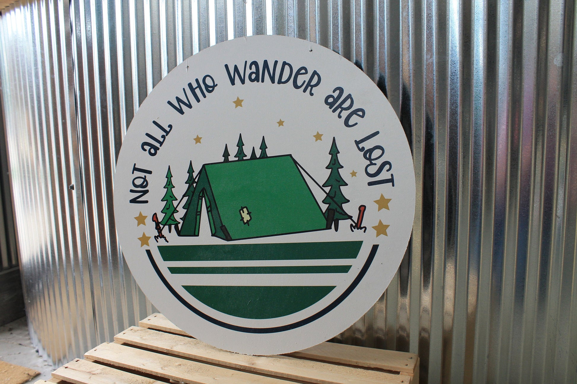 Not all Who Wander are Lost Camp Tent Summer Wall Hanger Wreath Sign Door Hanger Round Front Door Entry Way Decor Plaque Wood Print
