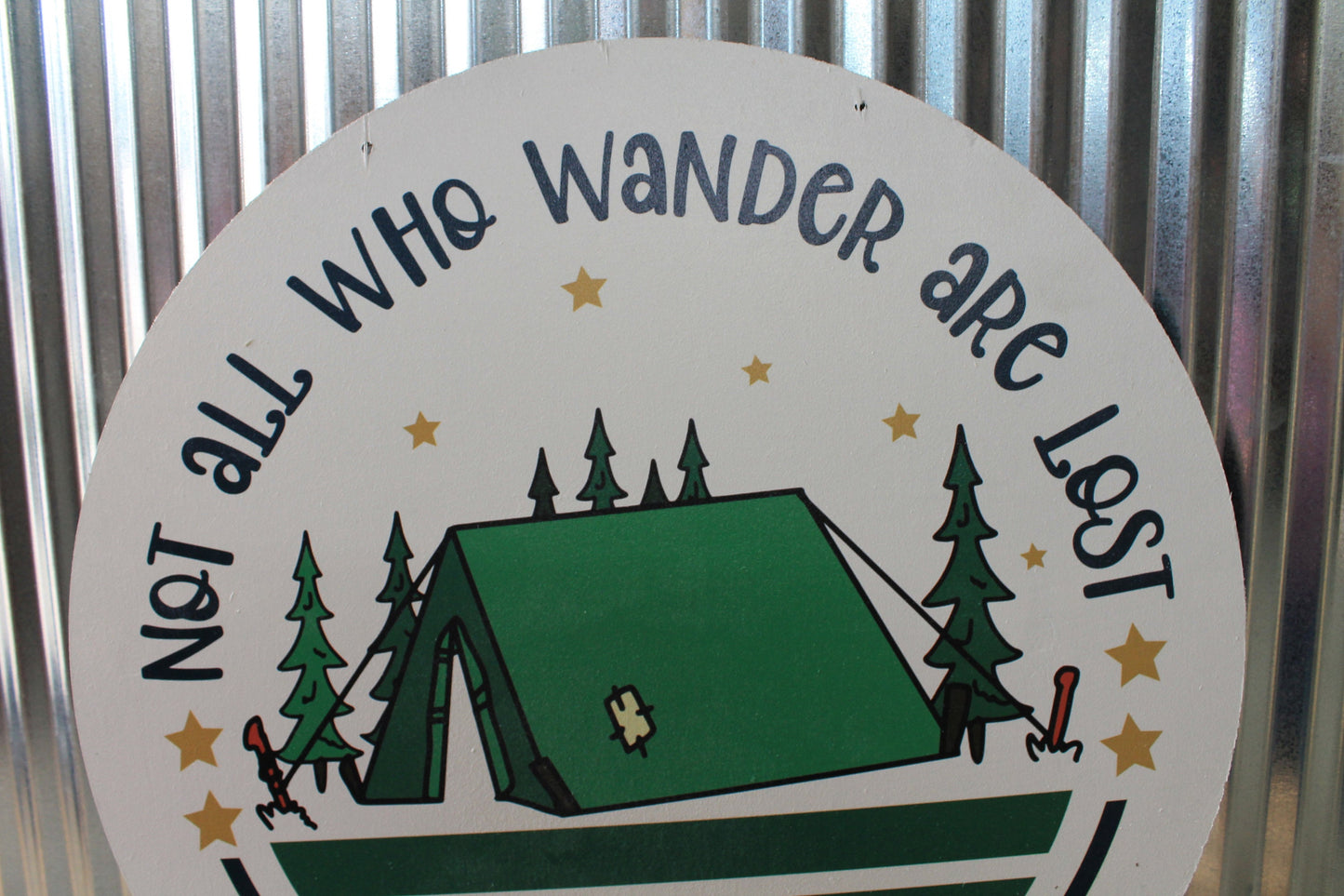 Not all Who Wander are Lost Camp Tent Summer Wall Hanger Wreath Sign Door Hanger Round Front Door Entry Way Decor Plaque Wood Print