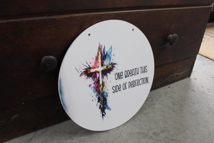 Cross Resurrection One Breath Perfection Jesus Faith Wall Hanger Wreath Sign Door Hanger Round Front Door Entry Way Decor Plaque Wood Print