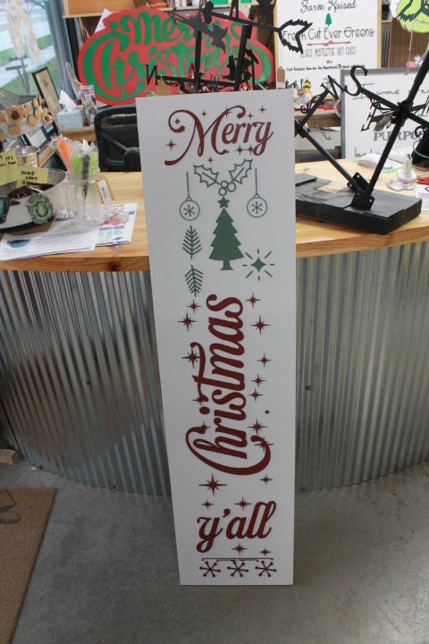 Merry Christmas Yall Farmhouse Porch Leaner Step Door Sign 3D Handmade Winter Unframed Red and Green Country Southern