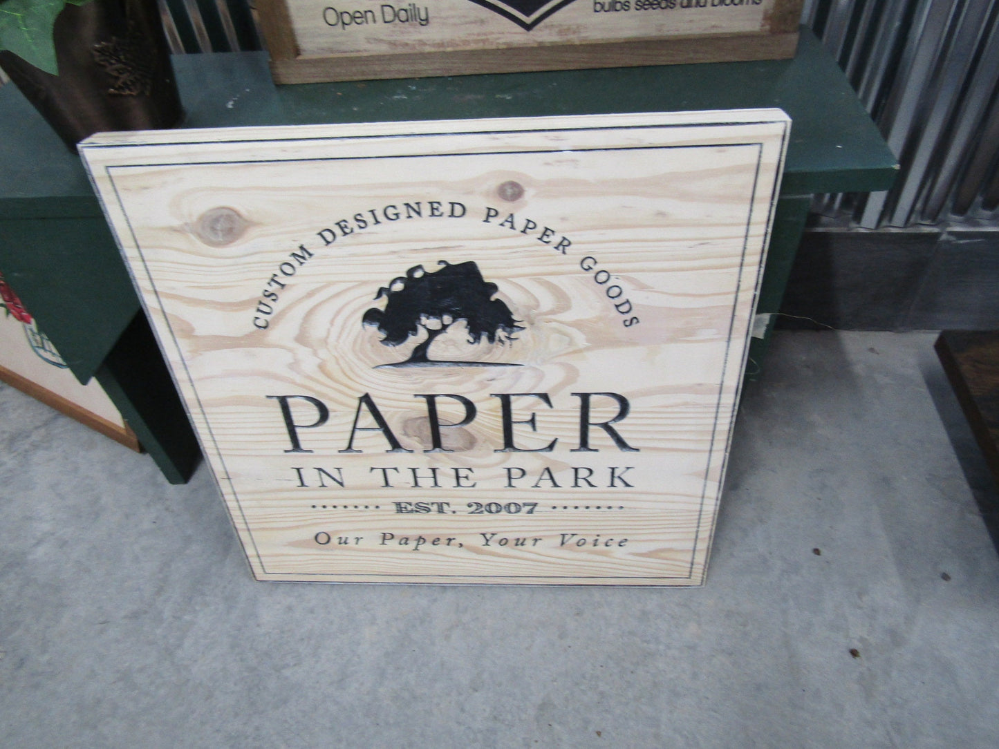Square Park Tree Wood Carved Engraved Color Filled Business Commerical Signage Your Logo Handmade Custom Oversized Pine Store Front Sign
