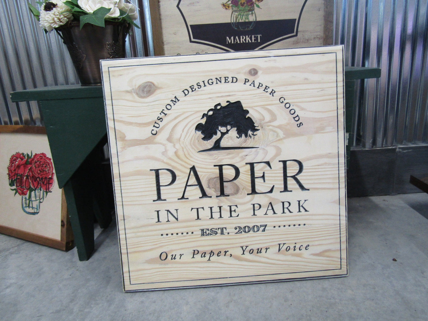 Square Park Tree Wood Carved Engraved Color Filled Business Commerical Signage Your Logo Handmade Custom Oversized Pine Store Front Sign