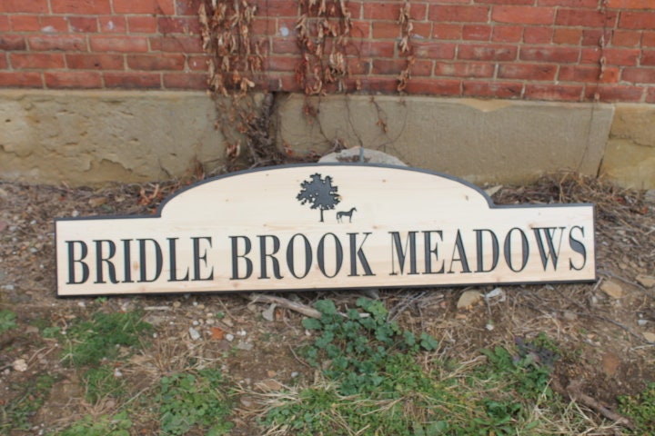 Neighborhood Entrance Sign Address Horse Meadows Engraved Inscribed Pine Paint filled Tree Subdivision Commerical Business Handmade