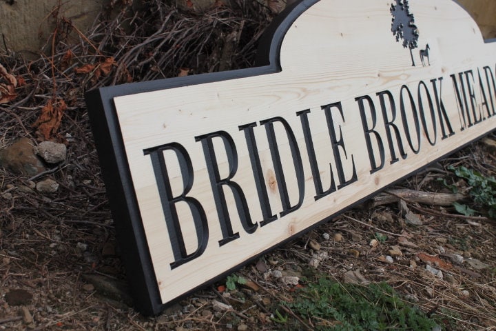 Neighborhood Entrance Sign Address Horse Meadows Engraved Inscribed Pine Paint filled Tree Subdivision Commerical Business Handmade