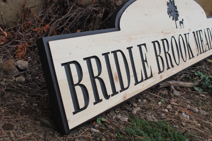 Neighborhood Entrance Sign Address Horse Meadows Engraved Inscribed Pine Paint filled Tree Subdivision Commerical Business Handmade