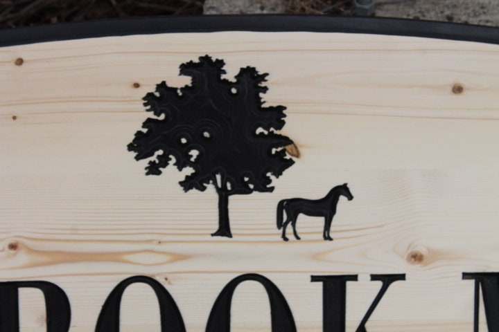 Neighborhood Entrance Sign Address Horse Meadows Engraved Inscribed Pine Paint filled Tree Subdivision Commerical Business Handmade