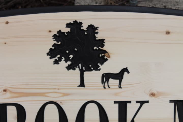 Neighborhood Entrance Sign Address Horse Meadows Engraved Inscribed Pine Paint filled Tree Subdivision Commerical Business Handmade