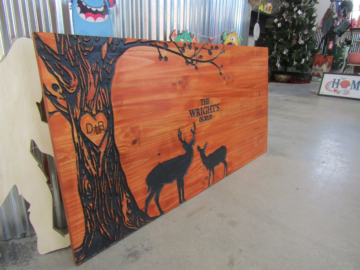 Wedding Gift Anniversary Deer Doe Tree Custom Personalized Engraved Routed Wooden Pine Sign Home Decor Gift Gift for him Paint Filled